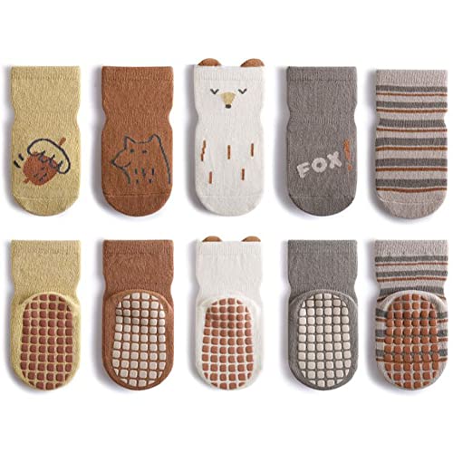 FedMois 5er Pack Baby Kleinkinder ABS rutschfeste Socken Sneaker Socken Tiermotive Baumwolle, Fuchs, 1-3 Jahre