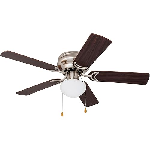 Prominence Home Alvina 42 Inch Traditional Flush Mount Ceiling Fan with Light, Pull Chain, Dual Finish Blades, Reversible Motor, Brushed Nickel