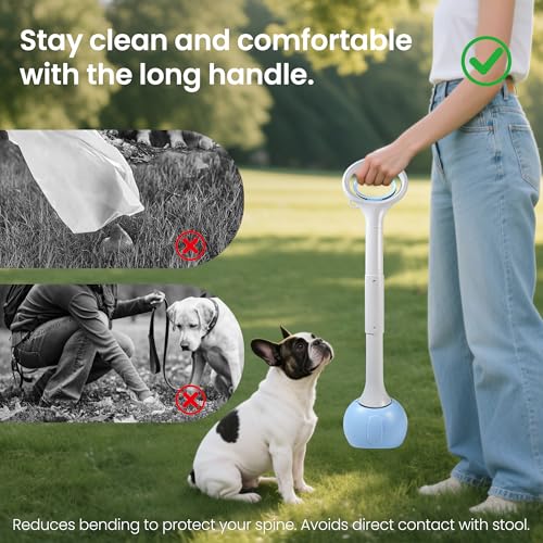 Image of Dog Pooper Scooper Portable with Bag Attachment, One Handed Foldable Design, Includes 120 Waste Bags and Dispenser, 28 Inch Handle for Grass Yard Gravel Cleanup (Blue)