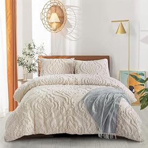 Style Quarters Queen Duvet Cover 3-Pieces Imitation Cotton Texture Tufted Duvet Cover Set for All Seasons, Madellion Beige Texture Bedding Sets with 1 Duvet Cover and 2 Pillow Shams (104×90 inches)