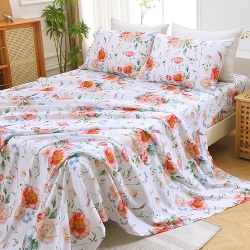 Image of MUXHOMO Queen Size 4 Piece Sheet Set, Soft & Breathable Sheet Set for Bedroom with Deep Pocket Up to 16 inch, Wrinkle-Free & Cooling Bed Sheet with Flat Sheet, Fitted Sheet & Pillowcases - Blooming Rose