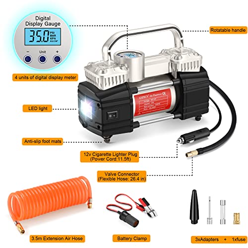 GSPSCN Digital Tire Inflator, Portable Toolbox 12V Air Compressor Pump Heavy Duty Dual Cylinders Car Pump,150Psi Auto Shut-Off with Tire Repair Kit for Auto,SUV,Truck etc