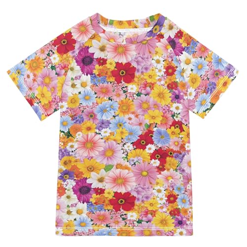 Spring Colorful Flowers Girl Bathing Suit UV Protection Athletic Shirt Swimwear Beach Tops 3T