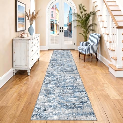 Long Hallway Runner Rug 2.6x14 ft Textured Non Slip for Dogs, Ocean Blue