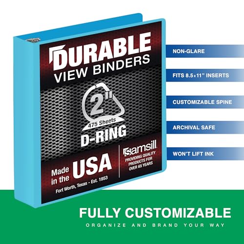 Image of Samsill Durable 2 Inch Binder, D Ring Binder, Customizable Clear View Cover, Sky Blue, Holds 475 Pages