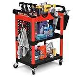DWVO Auto Detailing Cart with Wheels, 3-Tier Rolling Tool Organizer with 2 Polisher Brackets, 17" D x 32" W Car Wash Utility Cart with Hooks & Hanging Bucket for Garage, Workshop, DIY Home