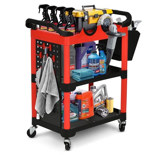 DWVO Auto Detailing Cart with Wheels, 3-Tier Rolling Tool Organizer with 2 Polisher Brackets, 17" D x 32" W Car Wash Utility Cart with Hooks & Hanging Bucket for Garage, Workshop, DIY Home