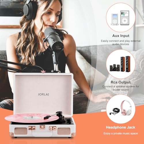 Image of 3-Speed Vinyl Record Player Turntable Portable Suitcase with Bluetooth, Rechargeable Battery, Aux /RCA /Headphone Jacks, Compact Retro Design for Vinyl Lovers