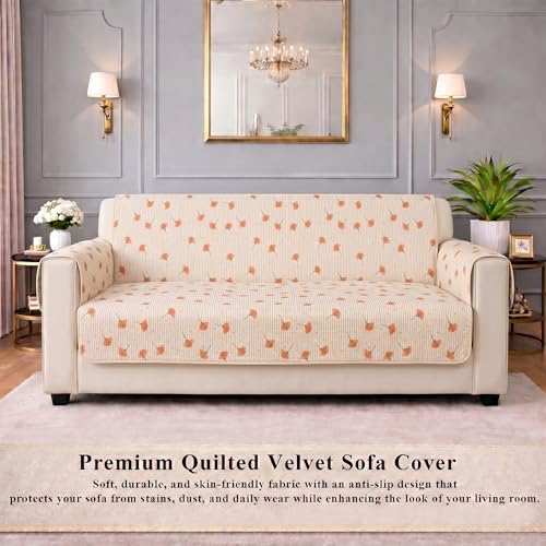 Image of STITCHNEST 'CloudFeel Series' Quilted Printed Velvet Sofa Cover for 1 Seater | Premium Soft Velvet Sofa Protector | Floral Design with Armrest Pockets | Furniture Cover