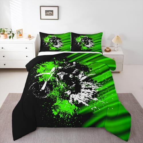 Image of Feelyou Kids Dirt Bike Comforter Set Full Size, Green Black Ombre Bedding Set Extreme Sports Duvet Insert Boys Girls Teens Bedroom Decor 3Pcs