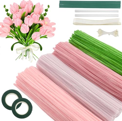 400 Pcs Pipe Cleaners Craft 4 Assorted Colors Pipe Cleaners Bulk Chenille Stems for DIY Flower Making Kit with Floral Wires Gardening Tape Stamen Ribbon and Hot Glue Sticks Arts