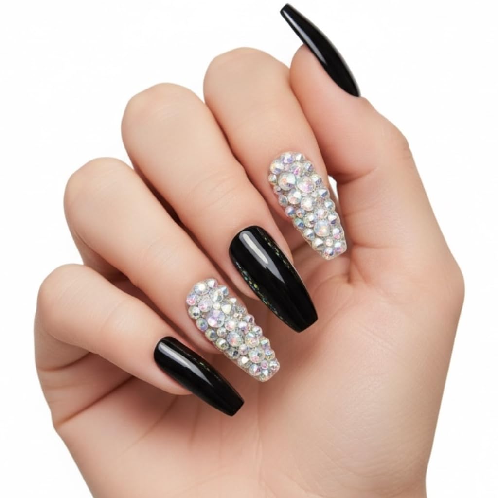 Black 3D Crystal Design Press On Nails - Extra Long Coffin Ballerina Fake Nails with Rhinestones and Nail Glue, Reusable Nail Tips - Glue On Nails 24 Nail Kit, Sparkle Night
