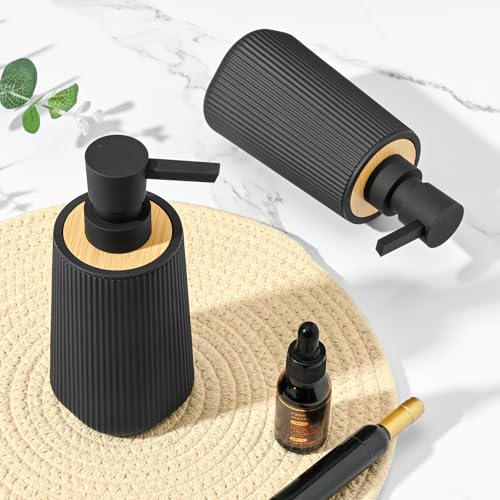 Image of Black Hand Soap Dispenser Set with Bamboo Decor and No Rust Pump for Bathroom and Kitchen Countertops Refillable Striped Matte Plastic 8.5 oz