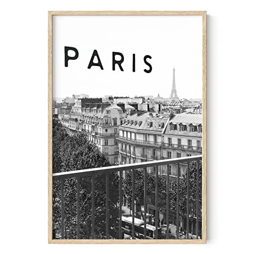 HAUS AND HUES Black and White Paris Wall Art - Elegant Eiffel Tower Poster, Chic Paris Decor for Bedroom or Living Room, Stylish Black and White Cityscape (24” x 36” Unframed)