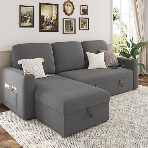 Keyluv 87' Pull Out Sleeper Sofa Bed with Storage Chaise, Reversible 2 in 1 Sectional Sofa Bed with Charging Station and Cup Holder, L-Shaped Sofa Couch for Living Room, Velvet Dark Gray