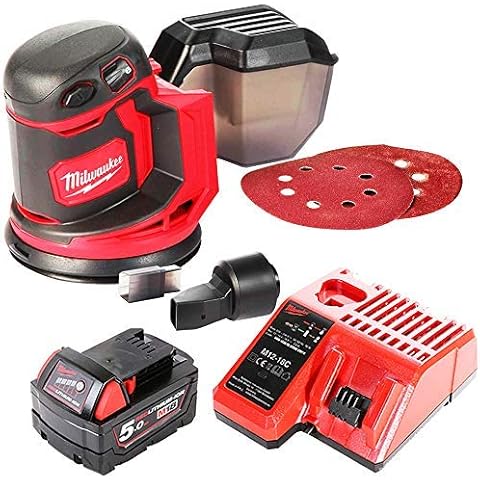 Milwaukee M18BOS125 18V Orbital Sander 125mm with 1 x 5Ah Battery & Charger Cover