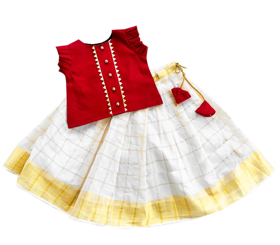 Stanwells KidsKerala Kasavu Polka Brocade Silk Baby Girls Floral Embroidery Lehenga Choli Set