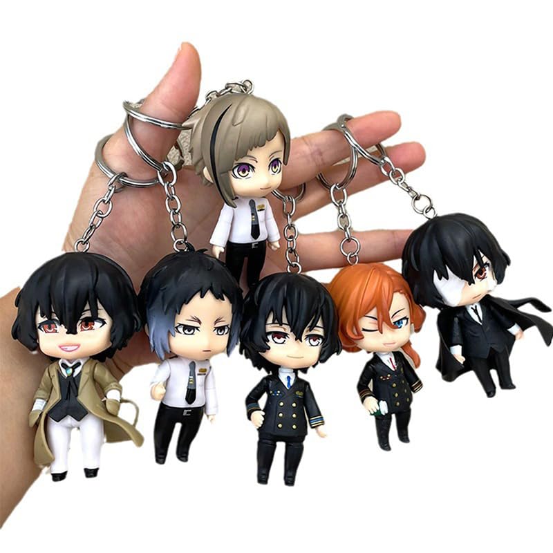 HBGIAY 6pcs Dazai Osamu Anime Keychain Pvc Statue Nakahara Chuuya Figure Cute Keychain Pendant Decoration Collectibles Gift