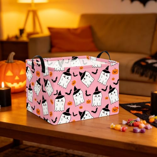 Image of NTAO Gift Storage Basket Empty for Halloween, Storage Bin with Handles, Room Decor, Book Box(Pink Ghost Bat)