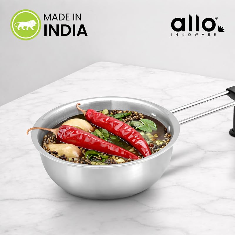 Image of Allo TriPly Stainless Steel 13cm Tadka Pan, 575ml, Naturally Non Stick Cookware for Dal, Spice Tempering Seasoning, Long Wire Handle, Induction Base and Gas Stove Ready for Kitchen