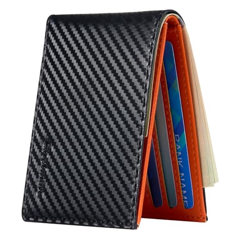 Image of Chelmon Slim Wallet for Men ID Window with RFID Blocking Front Pocket Minimalist Bifold Bussiness Card Holder Gift for Men, Carbon Black & Orange