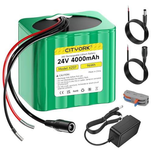 CITYORK 24V Rechargeable 4000mAh Lithium Battery with Charger, Bare Leads Wire Battery Pack Compatible with 24V Devices, DIY Projects, Toys, Solar Panels, Camcorder, LED Strip etc (6S2P Battery)