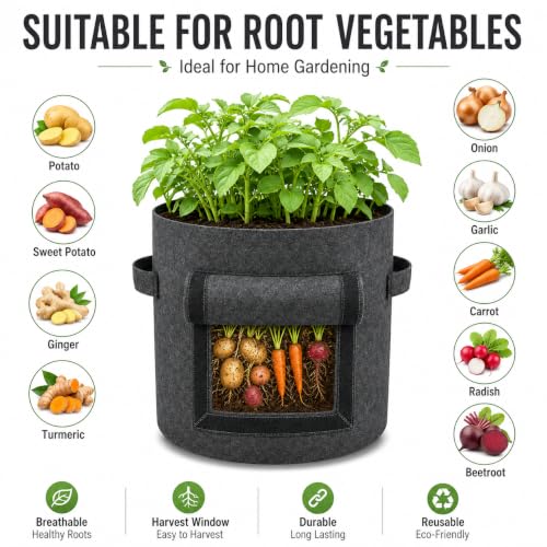 Image of Casa De Amor 15x12 Inch Potato Grow Bags for Root Vegetables, Geo Fabric 400 GSM Plant Bag (Dark Grey Color, Pack of 1)