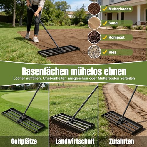 Strifuture Rasenplanier-Rechen 76cm - Verstellbarer Griff (119-196cm), 180° Schwenkbarer Kopf, Rostbeständiger Stahl für Rasen & Golfplätze