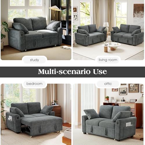 Ihanherry 59-inch Corduroy Convertible Sofa Bed with USB Charging Port, Side Pockets, and Wide Armrests – Full Size Sleeper for Living Room, Bedroom, and Multi-Scenario Use（Gray） - image 7