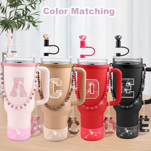Hpebl 8PCS Brown for Stanley Cup Accessories 30/40 OZ Bling Rhinestones Initials Charms for Stanley Decorations Tumbler Accessories Set Including Diamond Straw Topper, Silicone Tumbler Boot(Letter T) - image 8
