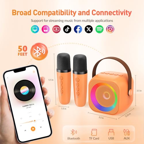Image of Karaoke Machine for Kids Adults: Mini Portable Karaoke Machine with 2 Wireless Microphones and Lights, Christmas Birthday Gifts for Girls Boys Family Home Party(Orange)