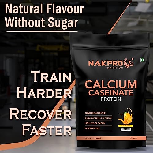 Image of NAKPRO Calcium Caseinate | 27.88g Protein, 5.42g BCAA | Helps in Muscle Recovery | Slow Absorbing, Slow Digesting, Low Carbs Casein Protein Powder (1 Kg, Mango)