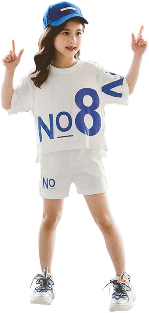 Amazon Aculldo 子供服 洋服 半袖 シャツ 女の子 キッズ服 ガールズ服 可愛い 上下セット 5分丈 二点セット かこいい ゆったり カジュアル ショッピング 娘 日常 普段着 2色 春夏秋 110 160cm Tシャツ カットソー 通販