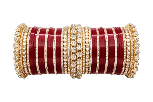 Bridal Bangle Set Dhanteras/Diwali/Bhai Dooj Collection Wedding Punjabi chuda Designer chura Non-Precious Metal CZ Stone zirconia stone fancy chuda with tilak chudi Red & Maroon Color choora Set for Women Elegant/Modern Fashion Chudas-image-6