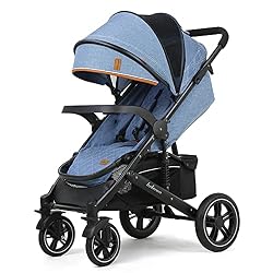 Belecoo Passeggino Leggero Pieghevole da 6 Mesi Fino 15 kg con Posizione Sdraiata Cinture a 5 Punti Ammortizzatori con Vassoio Portabibite Grande Cesto Coprigambe & Portabicchieri (Blu)