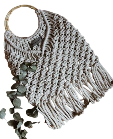 Handcrafted Macrame Shelf Handle Handbag, Cotton Blend Boho Style Purse with Bamboo Handle, Fringe Design, Natural White Color, for Women and Girls-image-18