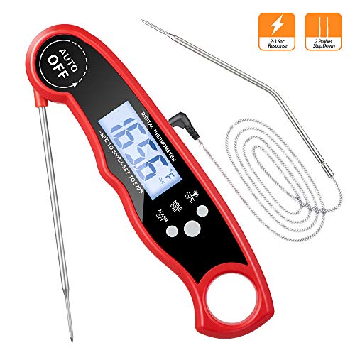 Termómetro para Carne, Termometro Digital de Cocina con 2 Sondas para BBQ Barbacoa Parrilla Horno Cocinar, Termómetro Carne de Lectura Instantánea de 2S, Pantalla LCD, Plegable Termometro Alimentos