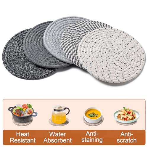 7 Inch Trivets for Hot Dishes, Pots and Pans, 5 Heat Resistant Pot Holders for Kitchen, Home Essentials, Hot Pads for Countertop and Table, Farmhouse Decor Vase Mats, Gray - Image 5