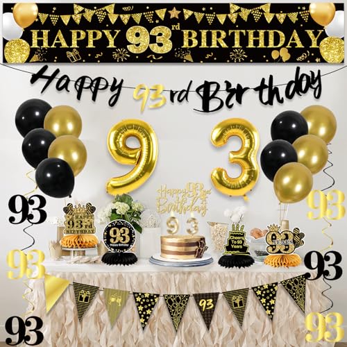 Image of 93rd Birthday Decorations for Men, Black Gold 93rd Party Decorations | 27pcs Happy 93th Birthdays Set: Banner, Honeycomb, Balloons, Gold Number, Candle, Hanging Swirls, Cake Topper, Party Supplies