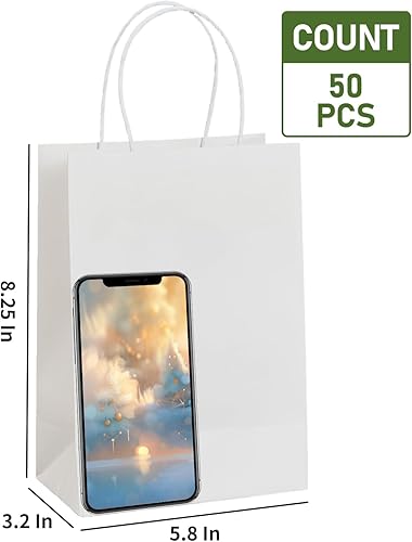 Miniatura 3 de METAPRINT Paquete de 50 bolsas de regalo pequeñas de 5.8 x 3.2 x 8.25 pulgadas, bolsas de papel blanco con asas a granel, bolsas de papel kraft para