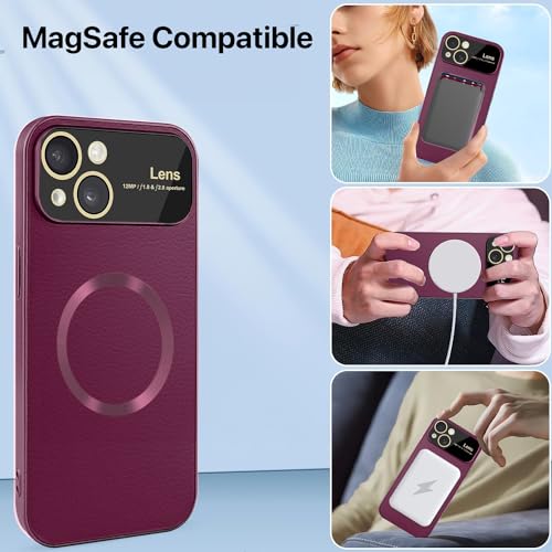 Image of Vaku Luxos Premium Polarized Leather Back Cover for iPhone 15 Plus Texture Full Lens Protection Silicon Case Scratch Resistant Slim Thin Compatible with Mag-Safe - Cherry