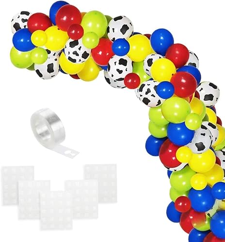 Ballon Anniversaire Bleu Vert, Ballons Hélium Jaune Rouge et Motif de Vache Imprimés Ballons Blancs pour les Décorations de Toile de Fond de Fête d'enfant (120pcs) Cover