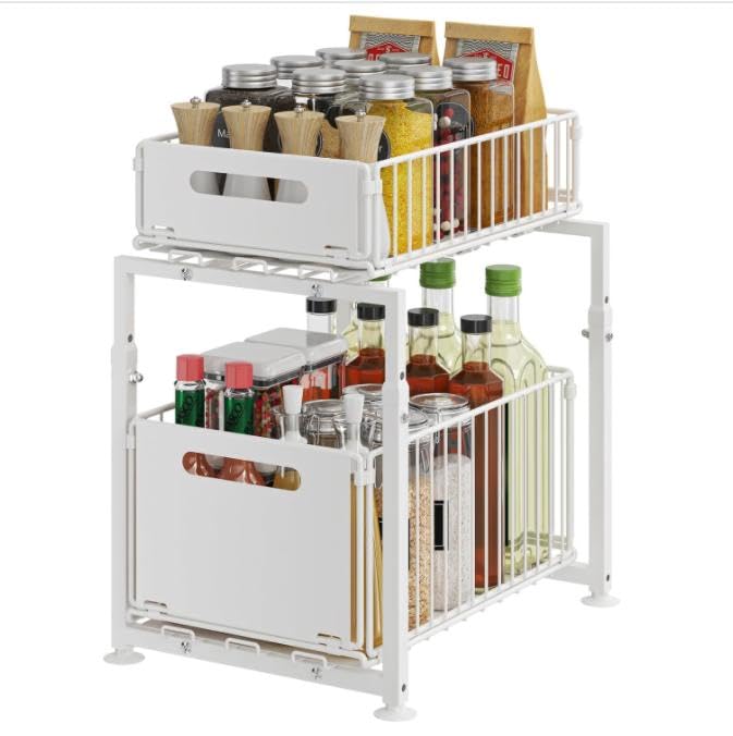 Sottolavello scorrevole con 2 cassetti, soluzione di archiviazione a 2 ripiani per cucina, bagno e ufficio, scaffale salvaspazio per una conservazione efficiente