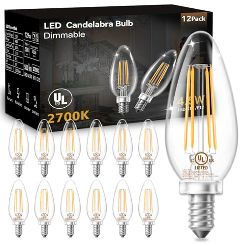 DAYBETTER E12 Candelabra Bulbs 40W Equivalent Dimmable Chandelier Light Bulbs 4.5W 500LM Candle Bulbs 2700K Warm White B11 LED Filament Vintage Light Bulbs for Chandelier Ceiling Fan 12 Pack