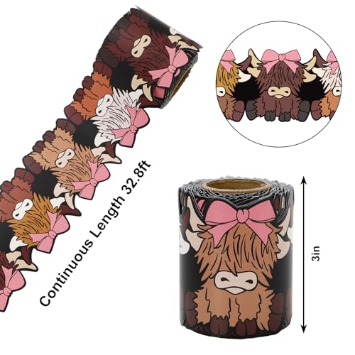 Image of Whaline 32.8 Ft Pink Bow Highland Cow Bulletin Board Border Back to School Coquette Brown Cow Die-Cut Border Trim for Chalkboard Wall Decoration