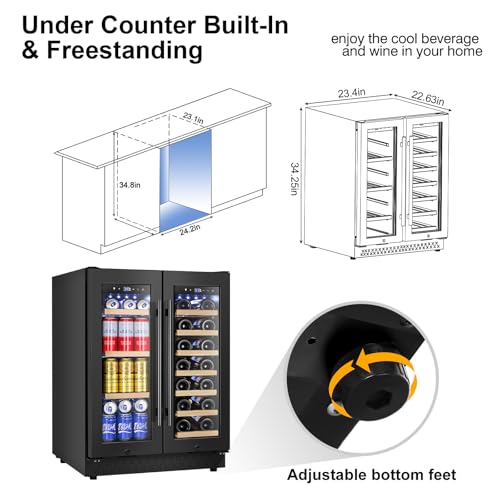 Image of Wine and Beverage Refrigerator, 24 Inch Beverage Cooler Dual Zone with Glass Door, Under Counter Beverage Fridge with Upgraded 60 Cans 20 Bottles Large Capacity, Black