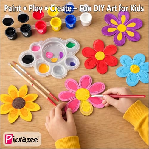 Image of PICRAZEE DIY Flower Painting Kit for Kids | 6 Pine MDF Flower Cutouts (5.5 mm Thick) with Acrylic Colors, Brushes, Palette & Magnets | Wooden Art & Craft Creative Activity Toy