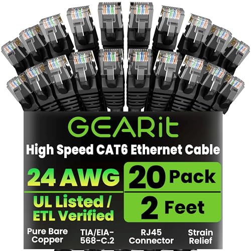 GearIT Cat6 Ethernet Cable Pack (20-pack, 2 ft) with RJ45 gold-plated connectors