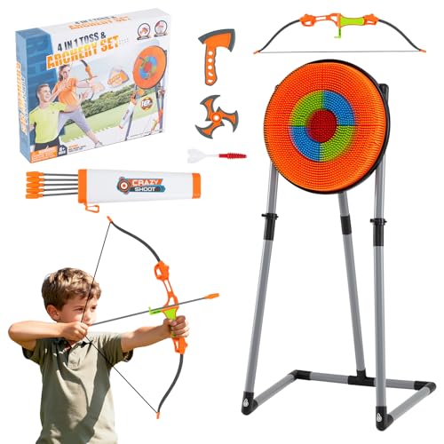 Costzon Axe Throwing Target Game for Backyard 4 in 1 Kids Throwing Game w/5 Arrows 3 Throwing Axes 3 Ninja Darts 3 Darts Bristle Target & a Bow -Boys & Girls Indoor Outdoor Carnival Game Gifts