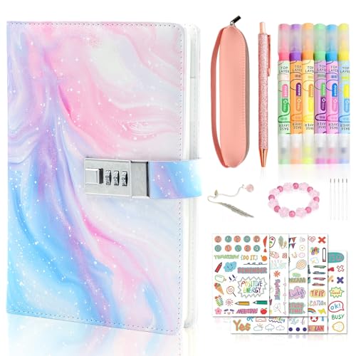 Kteeurqer Diary with Lock for Girls Aged 6-14 - Girls Diary Gift Set Password Locked Journals for Teen Girls 9-Piece Set Present for Girls Birthday Festival and Back-to-School